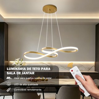 Lustre Pendente LED 40W Dourado 75cm 3 Cores de Luz com Controle Remoto 220V para Sala de Estar