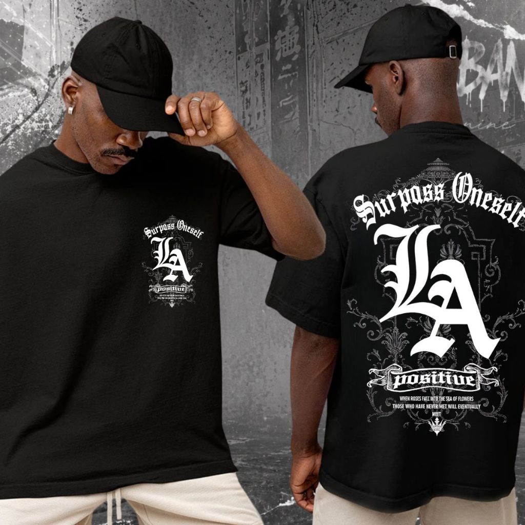 Camiseta Oversized Algodão Premium Estampa Surpass Oneself Positive Los Angeles Moda Streetwear