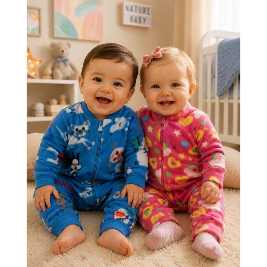 Kit 2 Macacões Bebê Soft Inverno Quentinho Com Zíper Menino Menina Macacão Fleece Infantil Estampado