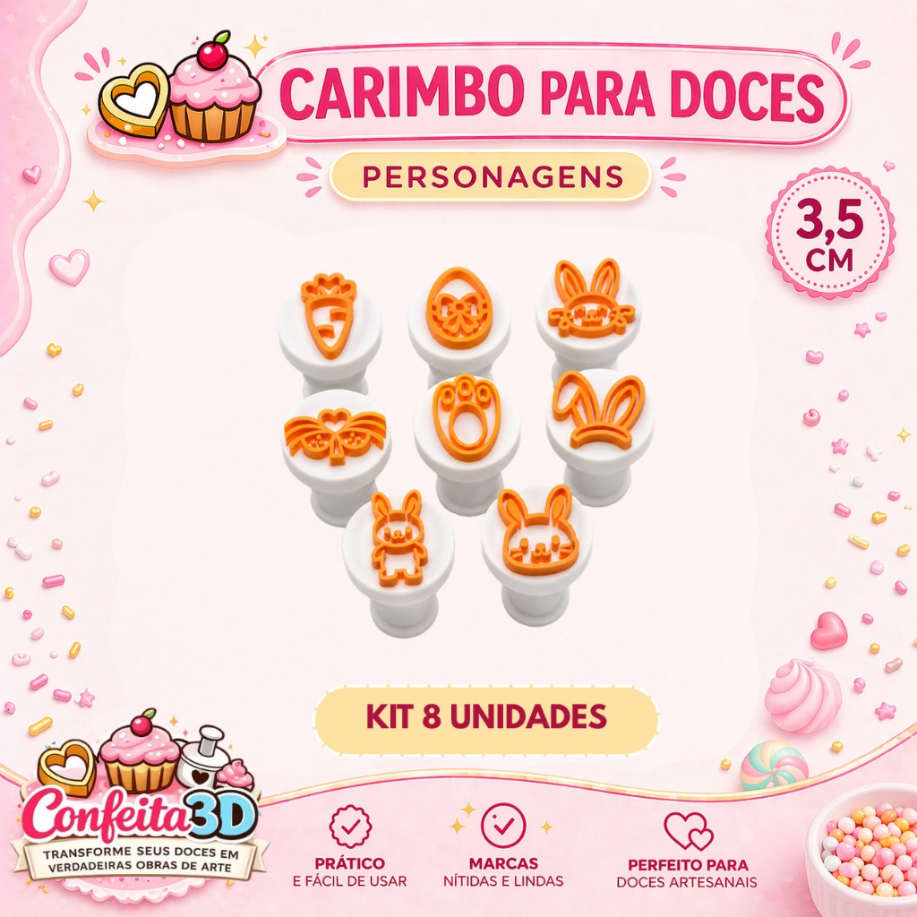 Kit 8 Carimbos para Doces Páscoa Coelho Ovo Cenoura Decoração Confeitaria