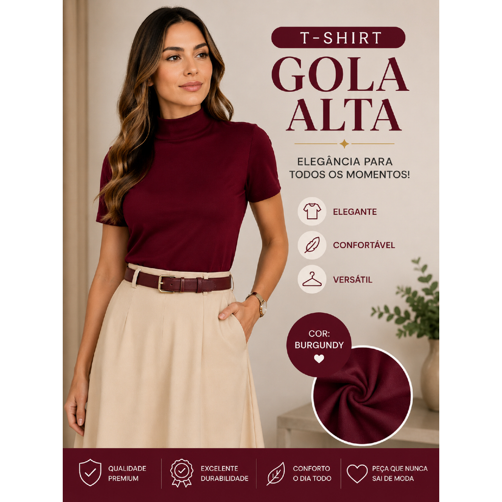 Blusa Feminina Gola Alta, Confortável T-Shirt – Básica, 100% Algodão cor Marsala (Burgundy)