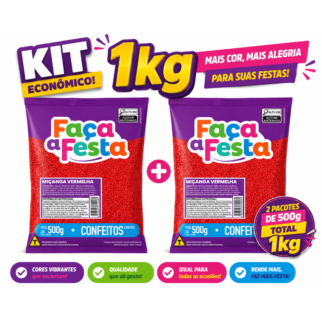 KIT CONFEITO  MIÇANGA VERMELHA FAÇA A FESTA 1KG CONFEITO PARA BOLOS BRIGADEIROS E DOCES