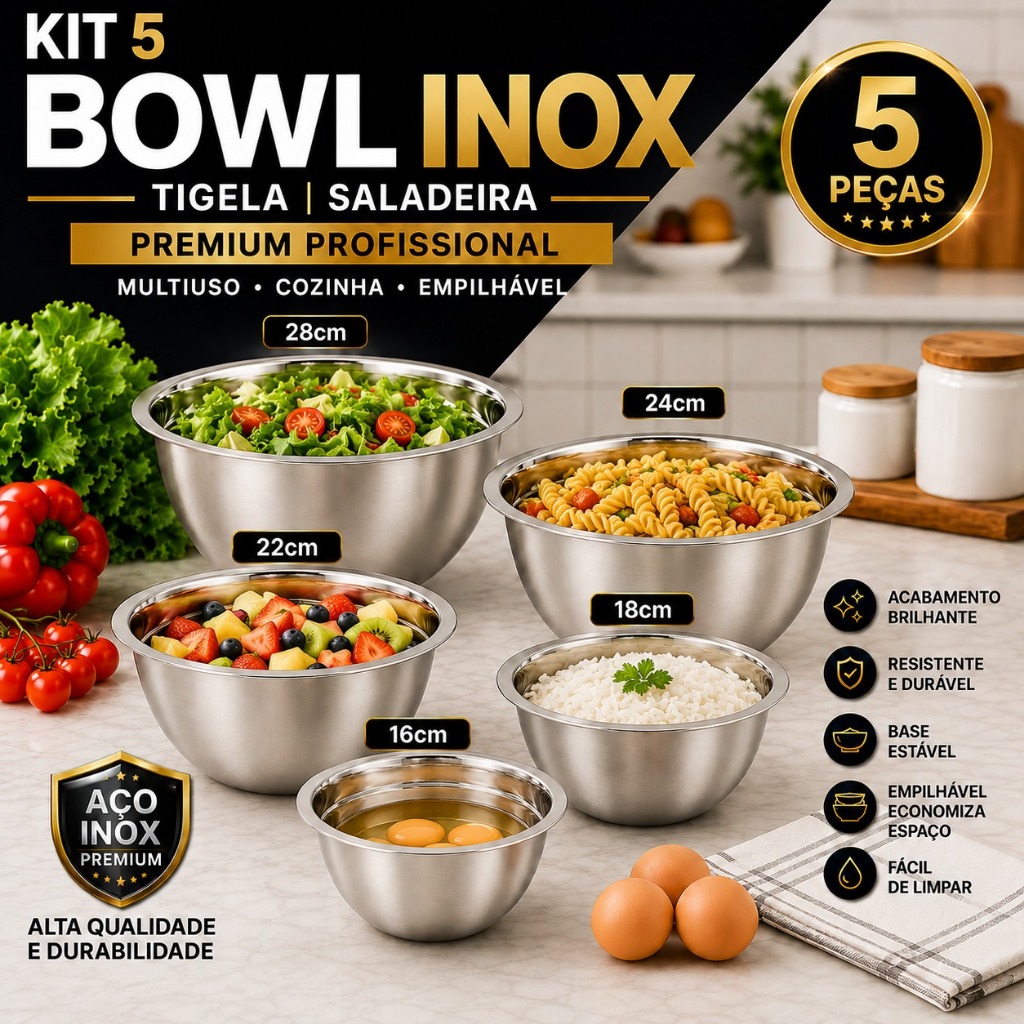 Jogo de Bowl Inox Kit 5 Peças Tigela Inox Empilhável 16cm 18cm 22cm 24cm 28cm Gamela Bacia Cozinha