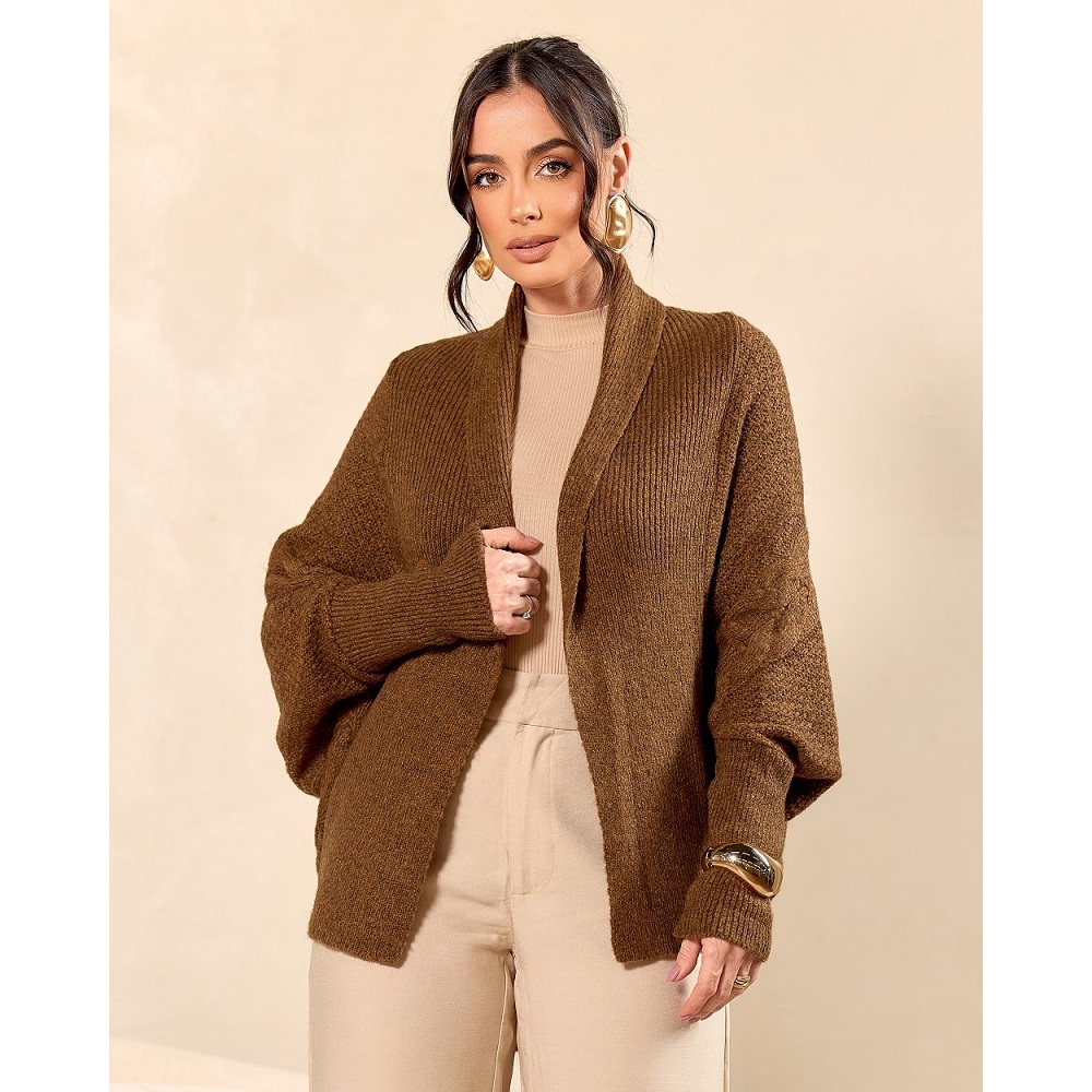 Casaco Aberto Manga Comprida Poncho Oversized Casulo Moda Tricot Outono/Inverno