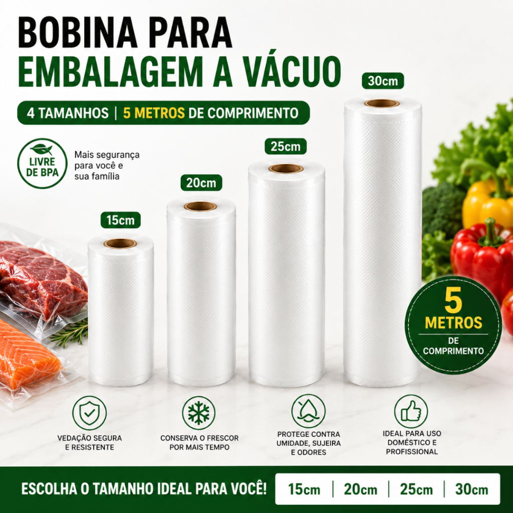 Bobina Embalagem a Vácuo Com Ranhuras 5m Para Seladora 15cm 20cm 25cm 30cm Conservação de Alimentos