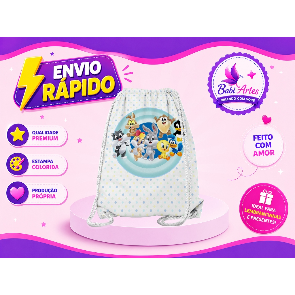 Mochilinha Saco Baby Looney Tunes Festa Aniversário Lembrancinha Saquinho Infantil Envio Rápido