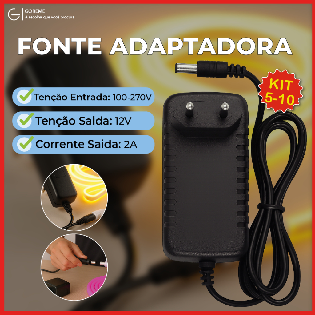 Kit 5/10 Fonte Adaptadora 12w 12v/1a Para Fita Led 110-270v