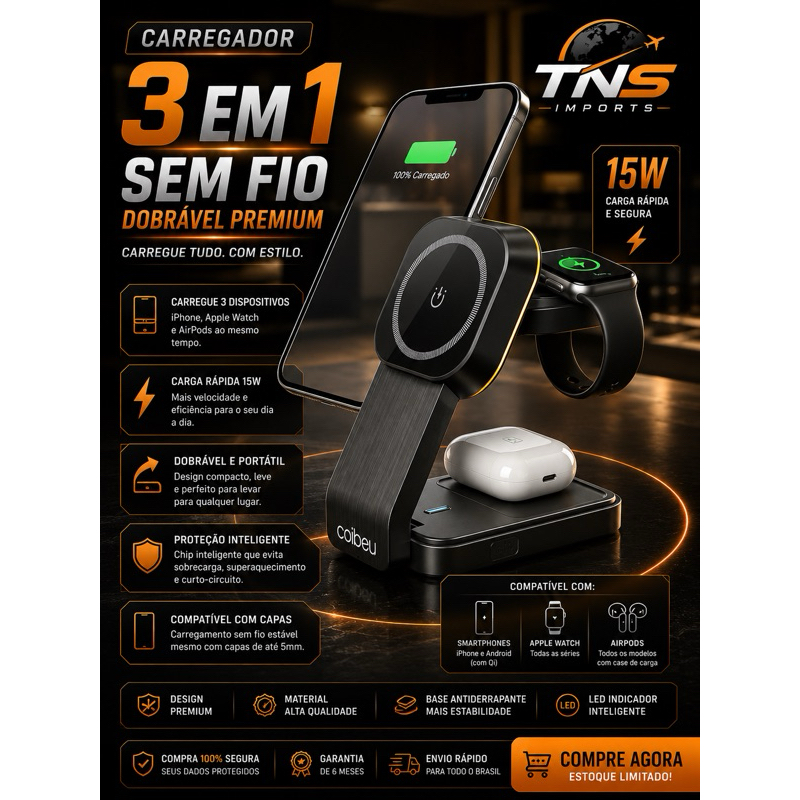 Carregador Sem Fio Magnético 3 Em 1 Dobrável 15w