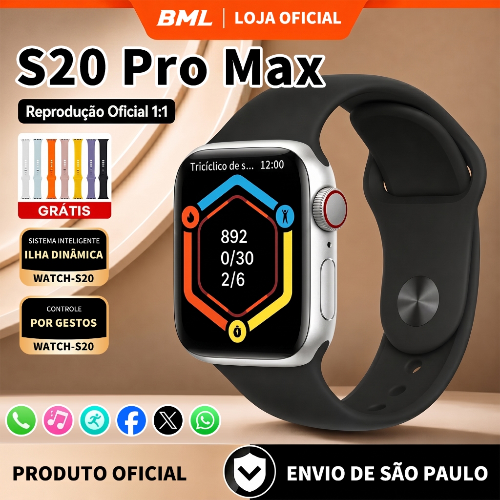 Novo Smartwatch S20 PRO MAX 45MM Chat GPT GPS à prova d'água Com 7 Pulseiras S20 PRO Relógio Inteligente IOS e Android