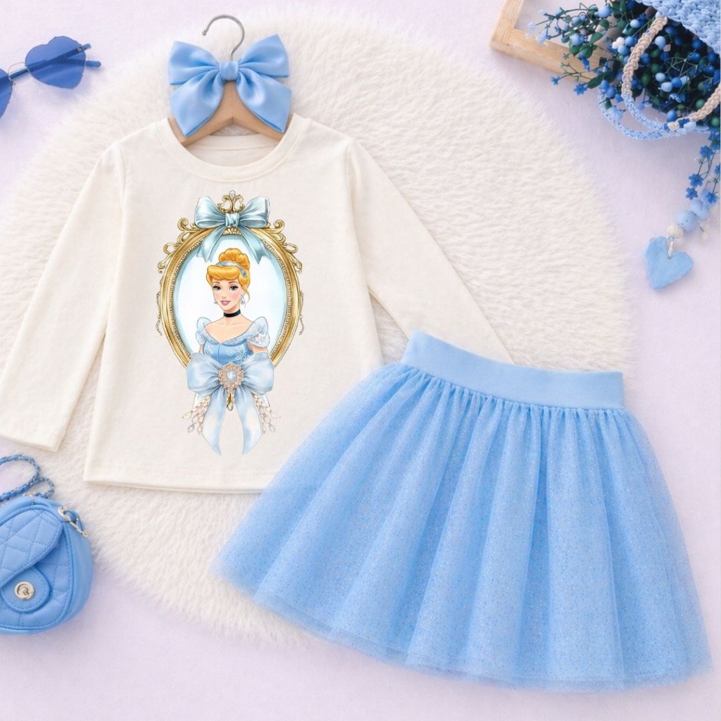 Conjunto Infantil Menina Cinderela Princesa Saia Tule Azul Blusa Manga Longa Festa Aniversário Blogueirinha
