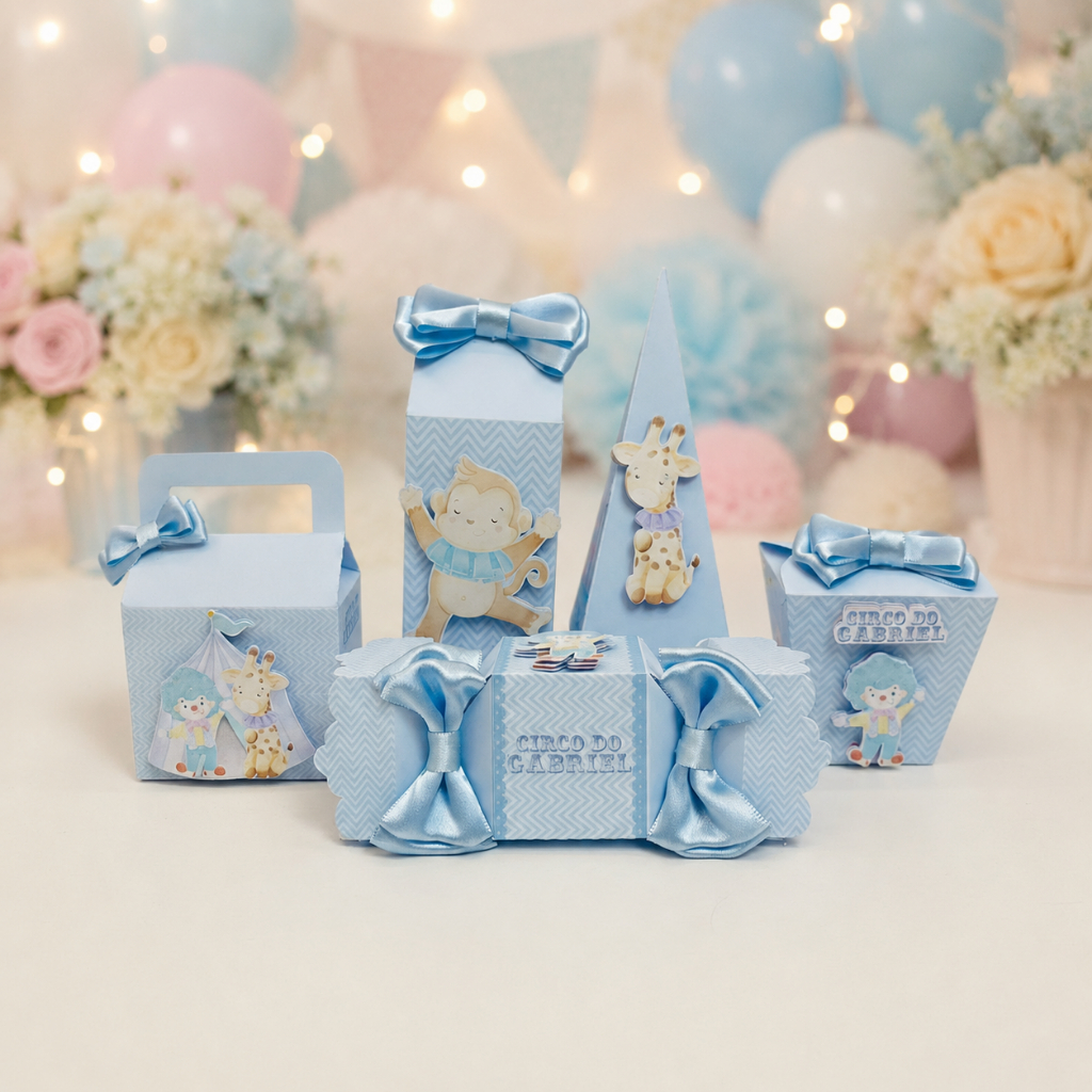 Kit Festa Circo Azul Lembrancinhas Personalizadas Caixinhas Para Doces Aniversário Infantil Palhaço Circo Menino