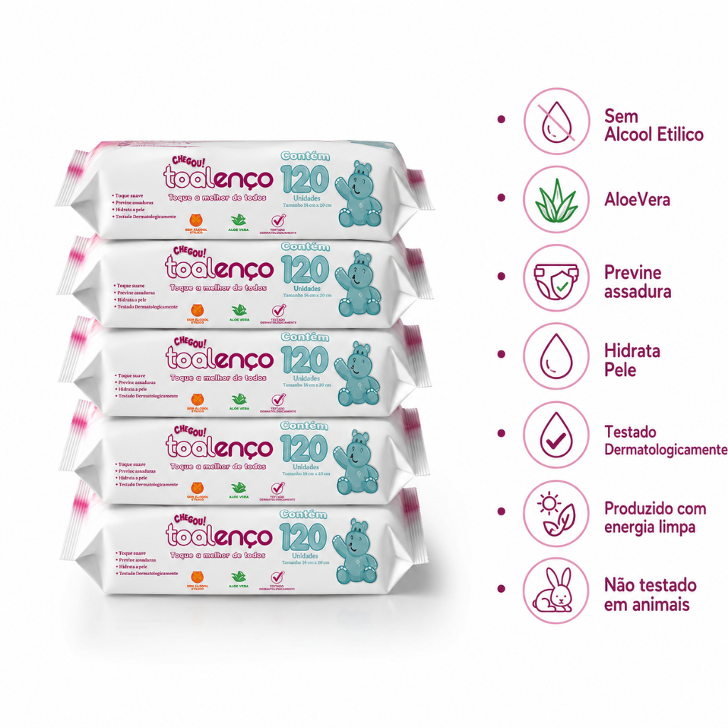 Kit com 5 Lenços/Toalhas Umedecidas Toalenço Plus C/120