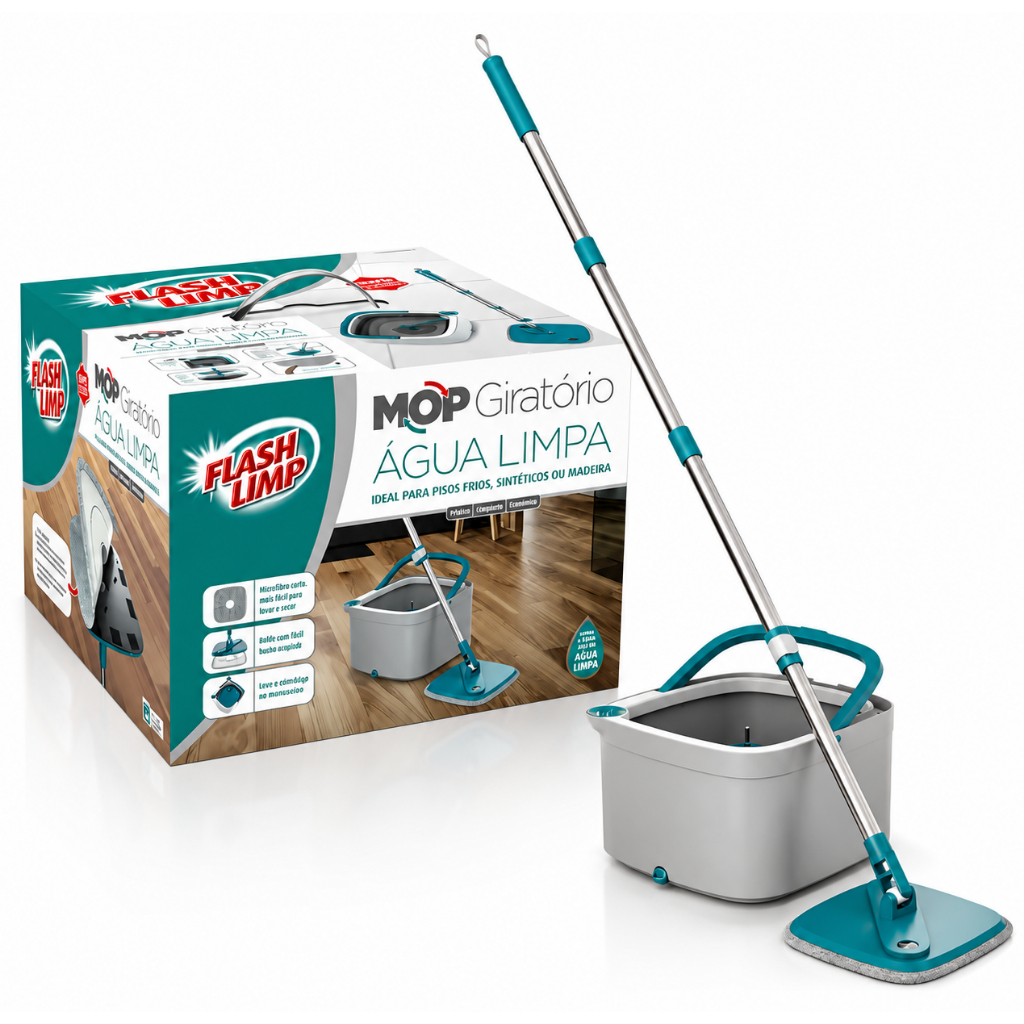 Imagem de Mop Giratório Flash Limp Original Sistema Água Limpa Cabo Inox Microfibra Premium