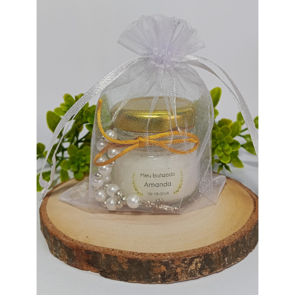10 Lembrancinhas Velas Perfumadas Brancas c mini terço no saquinho de organza para Batizado, Crisma ou Primeira Comunhão