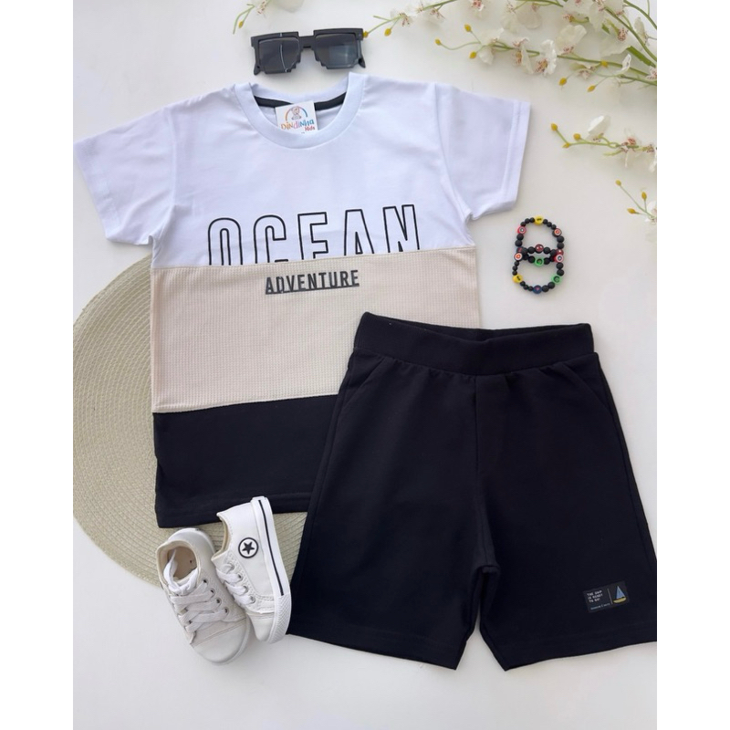Conjunto Menino Camiseta Bermuda Listra Listrada Infantil Masculino Roupa Criança GABRIEL