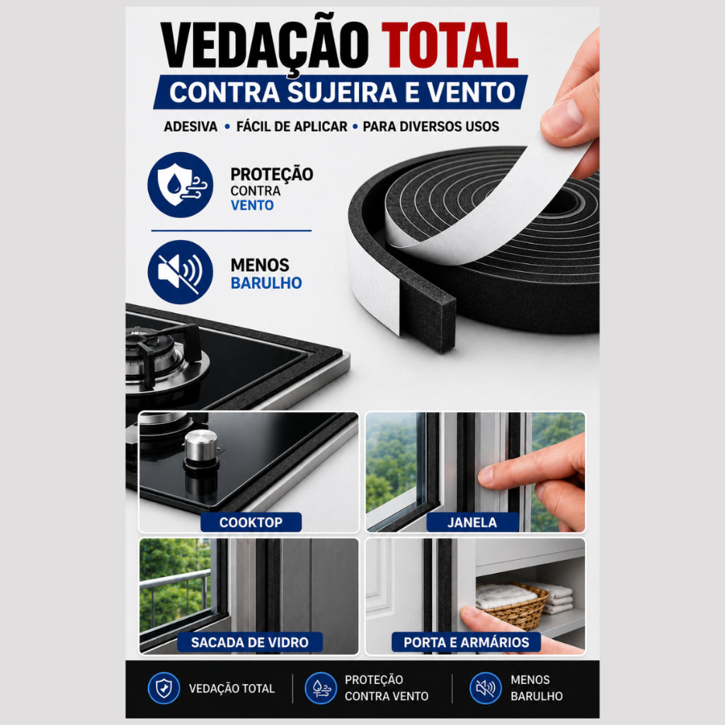Fita de Espuma Vedação Adesiva Porta Janela Anti Ruído Água e Poeira