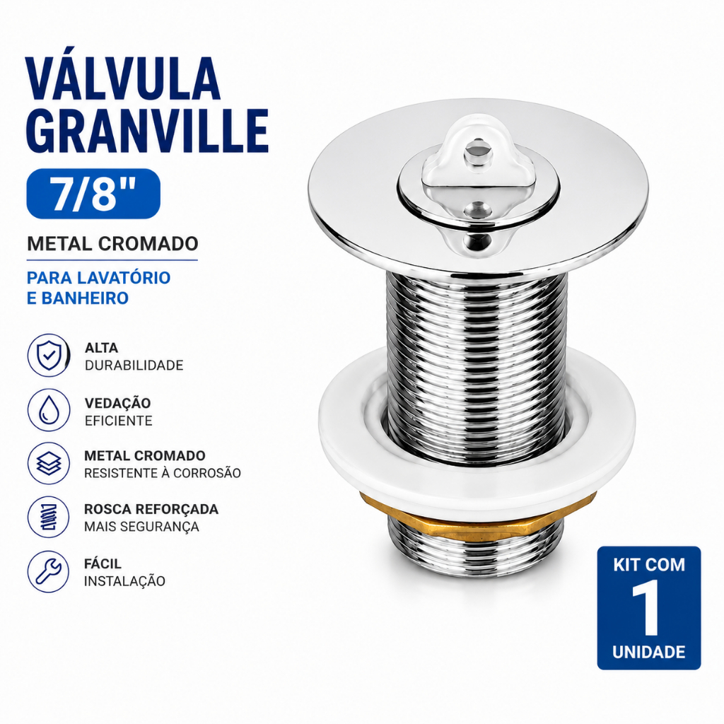 Válvula Granville 7/8" Metal Cromado | 1 Unidade | Para Lavatório e Banheiro | Anti Vazamento | Alta Durabilidade