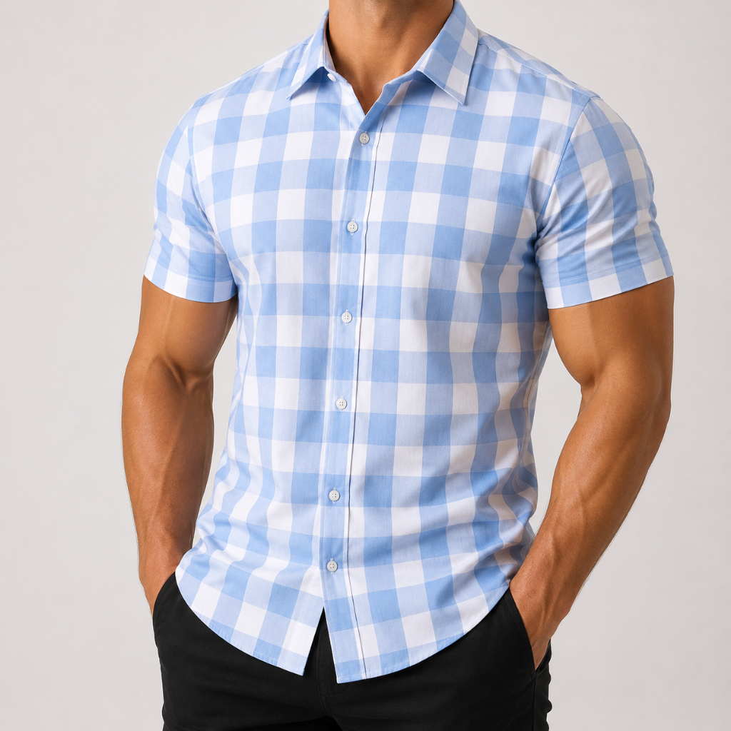 Camisa xadrez masculina casual slim fit manga curta com bolsos Importada