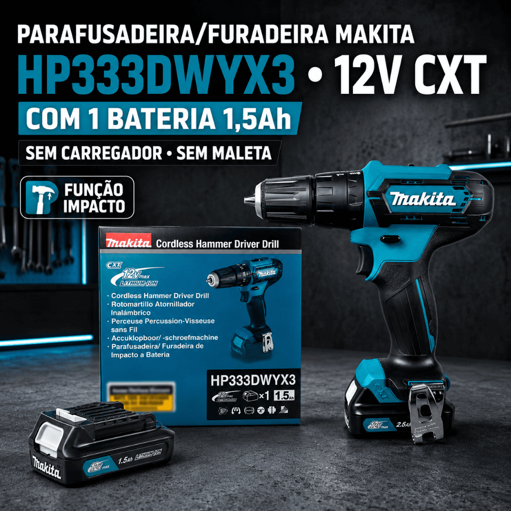 Parafusadeira Furadeira Impacto Makita HP333DWYX3 12V CXT 1 Bateria Sem Carregador