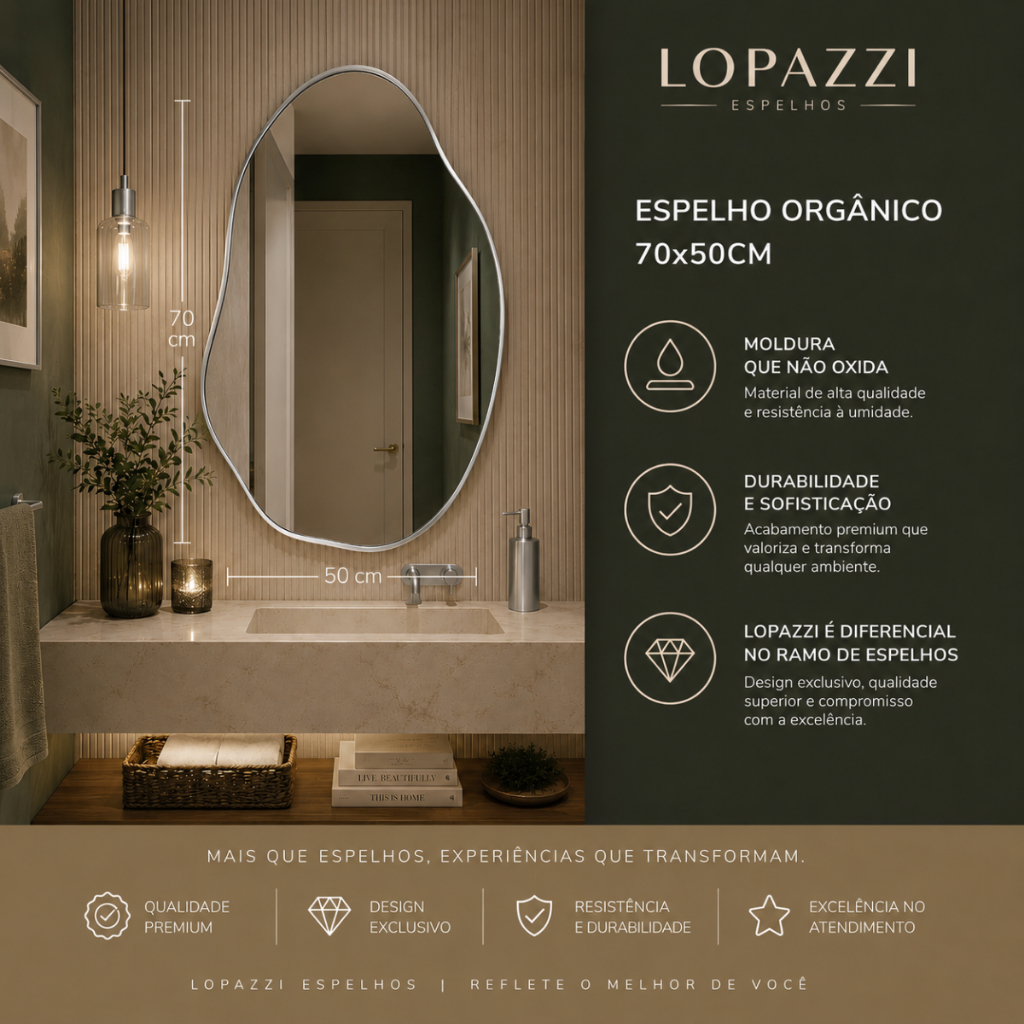 Espelho Lopazzi Orgânico Com Moldura Borda 70x50 OG-04 Banheiro Lavabo Loja Decorativo Decoração em Alumínio