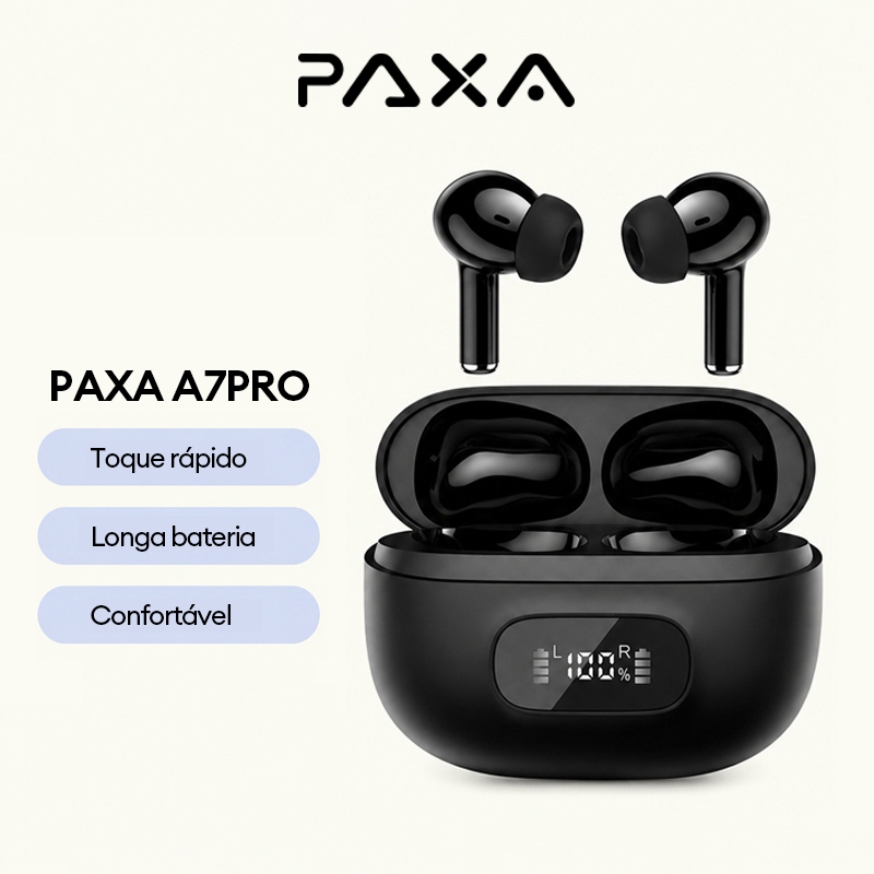 Fone de ouvido sem fio PAXA A7PRO Bluetooth 6.0 som Hi-Fi baixa latência 20 horas de bateria semi-in-ear