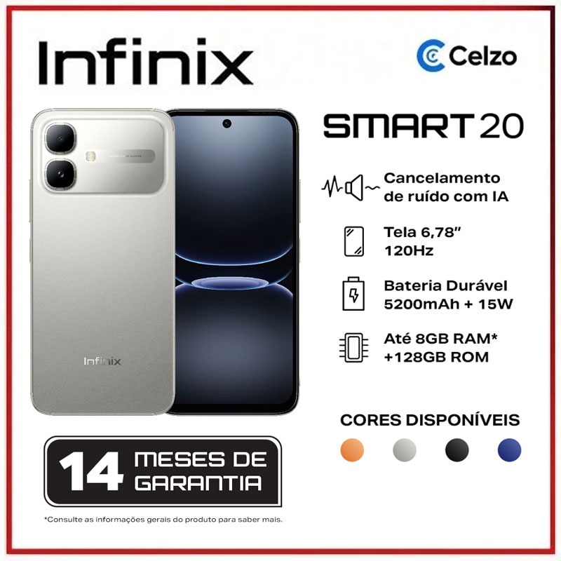 INFINIX SMART 20 128 GB 4 GB RAM 6.78" Redução de Ruído por Voz Bateria 5200 mAh Titânio Polaris
