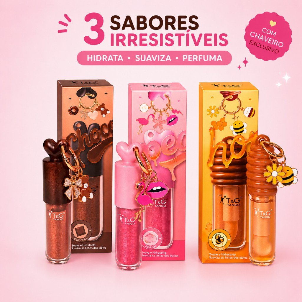 Lip Oil Hidratante brilho + Chaveirinho, Chocolate, Mel e Pêssego - T&G Tango