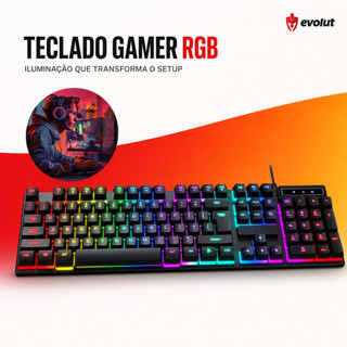 Teclado Gamer Semi Mecânico com Fio Preto Evolut Led RGB Abnt2 Qwerty Português Rainbow E…