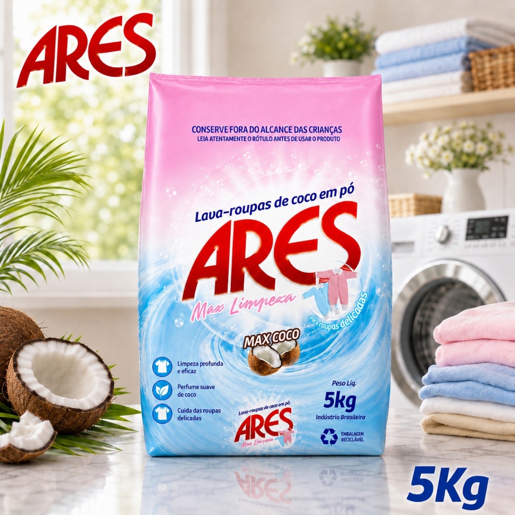 Sabão em Pó COCO 5kg Lava Roupas Lavagem Profissional - Ares