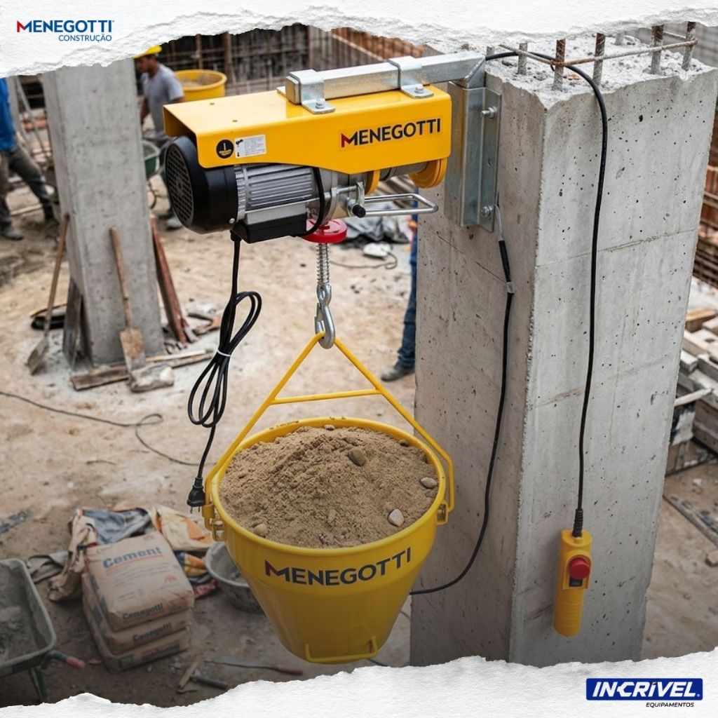 Guincho Coluna 220v Com Balde 50L Menegotti 150/300KG Coluna Entulho Construção Obras Reformas