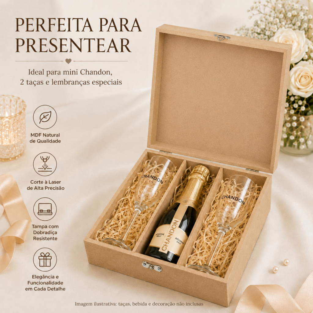 Caixa organizadora Vinho e taça MDF lisa Casamento Tampa Laser Fecho Metal Dobradiça Presente