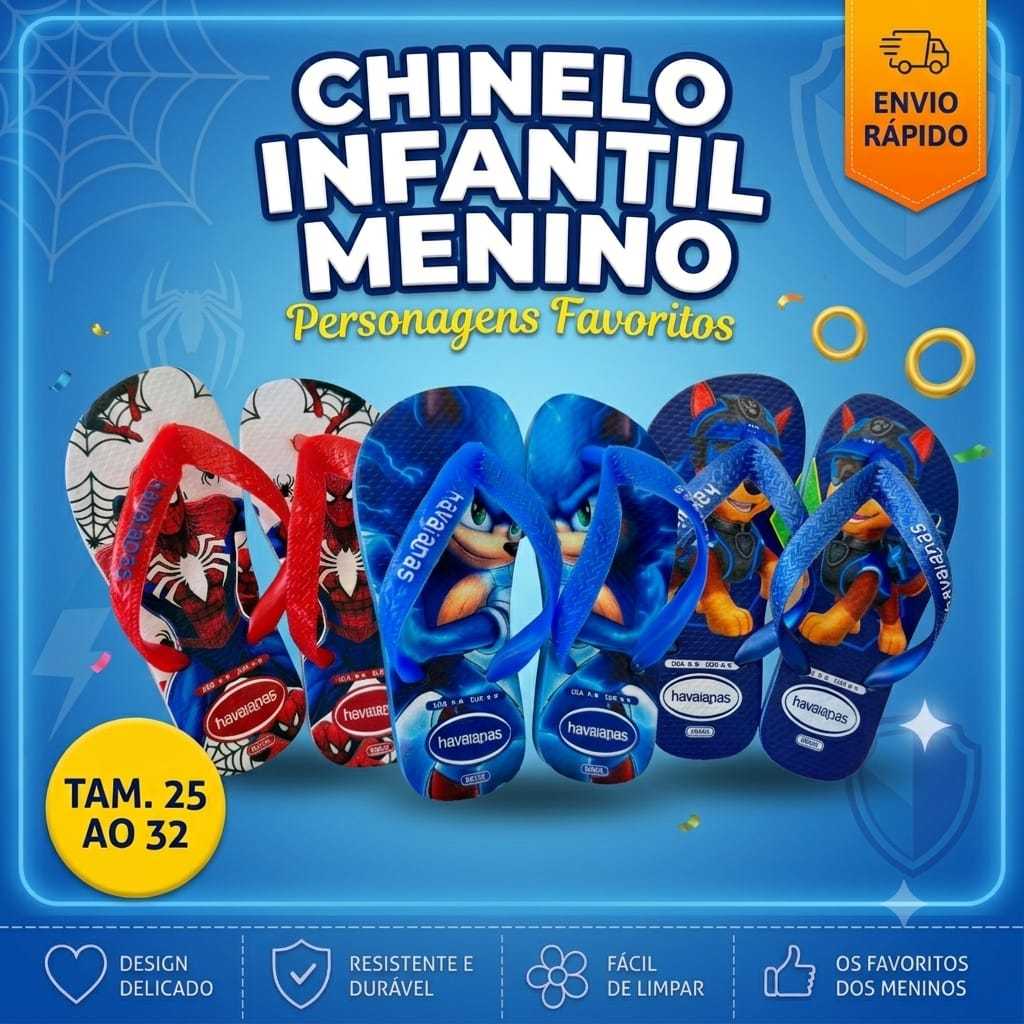 Chinelo Infantil Masculino Personagens Antiderrapante Confortável Leve Resistente Menino