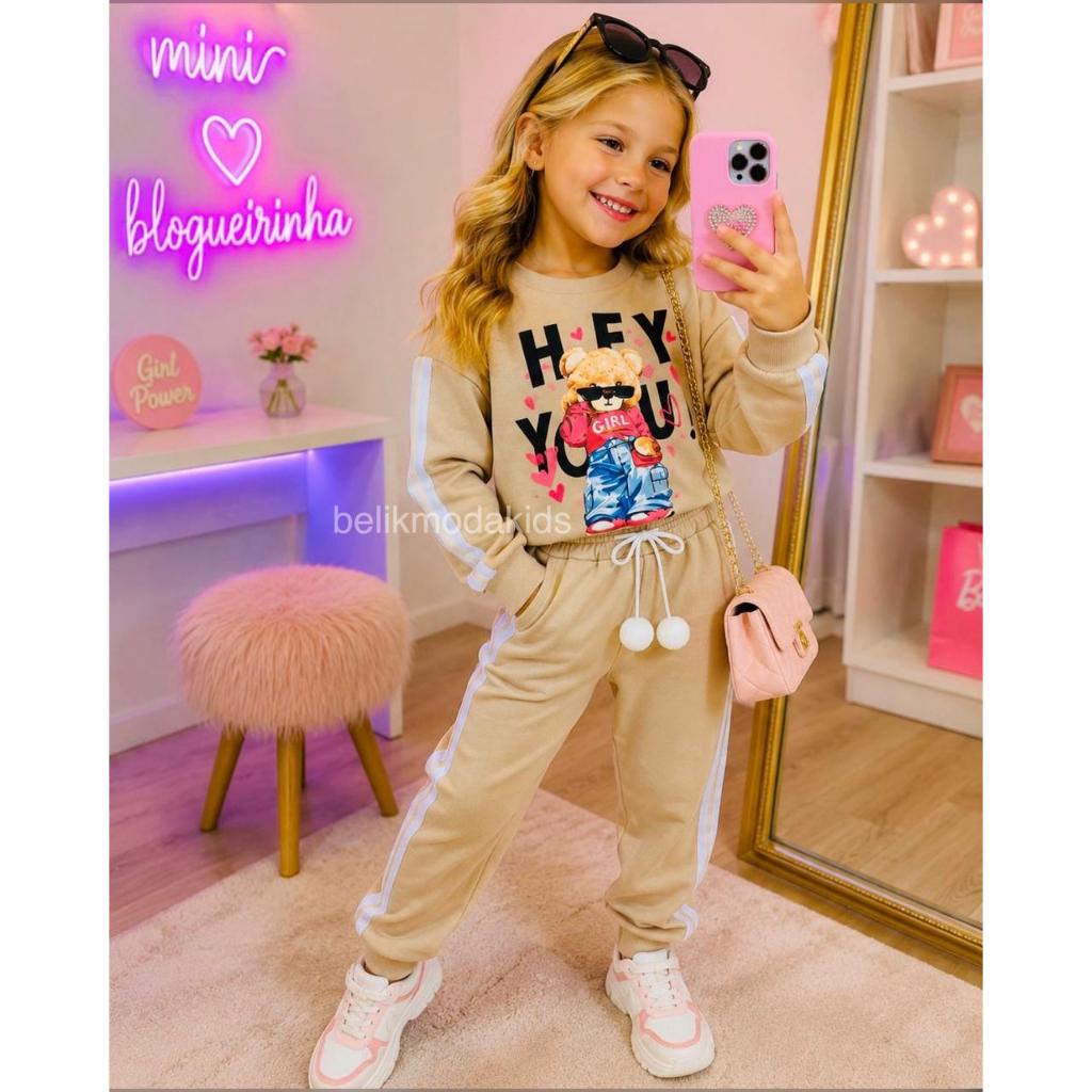 Conjunto Moletom Infantil Blogueirinha Blusa Ursinha + Calça PomPom Girl Power Flanelado Menina 2 A 8 Anos Frio Inverno