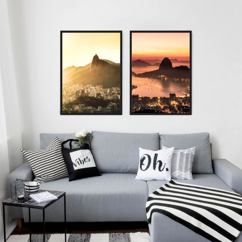 Duo Quadros Decorativos Paisagem Rio de Janeiro Corcovado Pão de Açucar Moldura Caixa TokQuadros