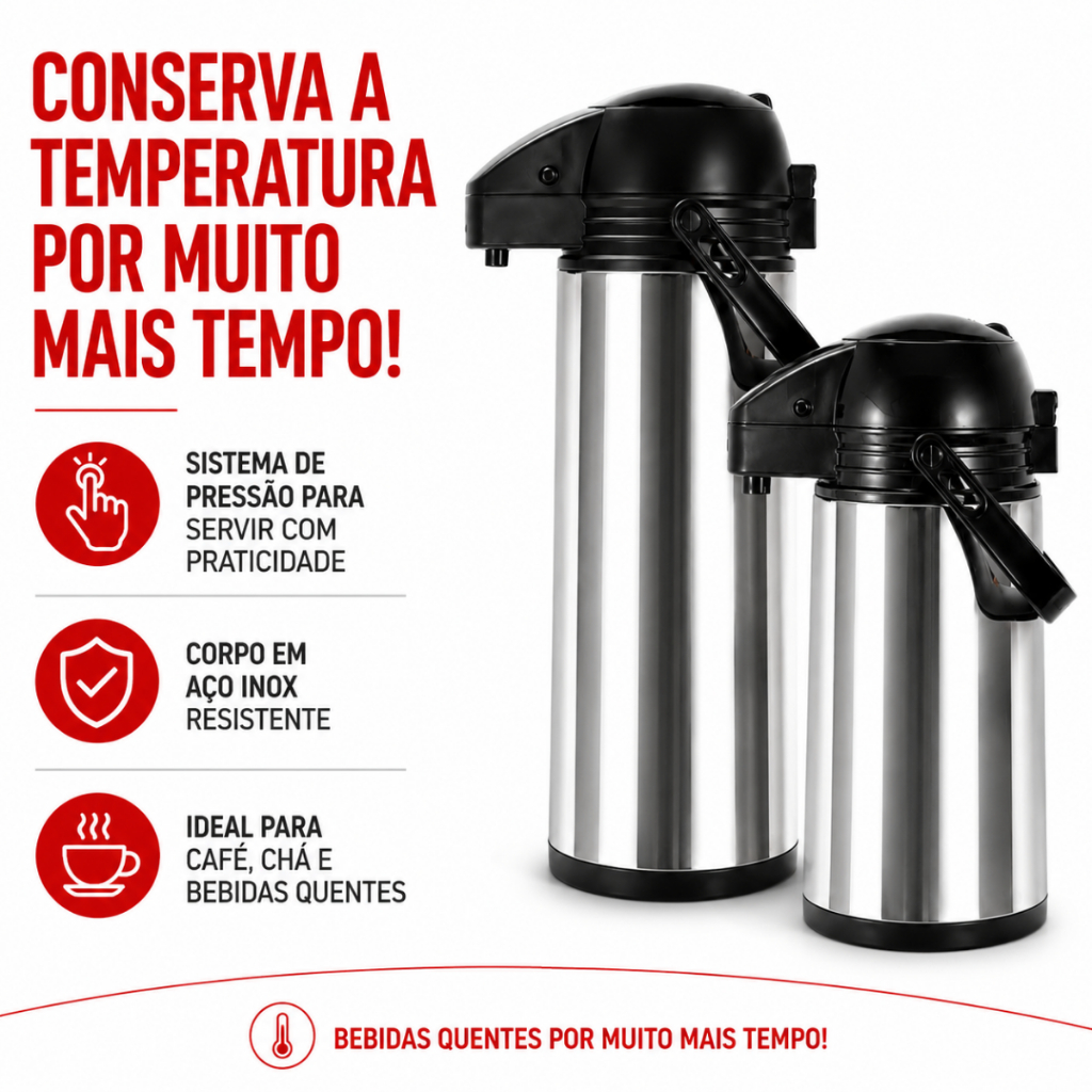 Garrafa Térmica De Café Airpot Inox 1,9 Litros e 1L De Pressão Apertar Hotel Casa Conserva Por Horas
