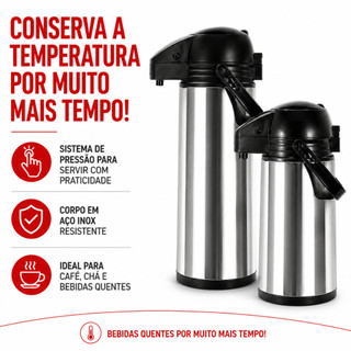 Garrafa Térmica De Café Airpot Inox 1,9 Litros e 1L De Pressão Apertar Hotel Casa Conserv…