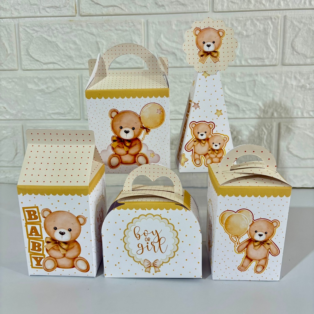 Caixinhas Ursinho Bege Chá Revelação Pegue e Monte Lembrancinhas para Festa Infantil Aniversário