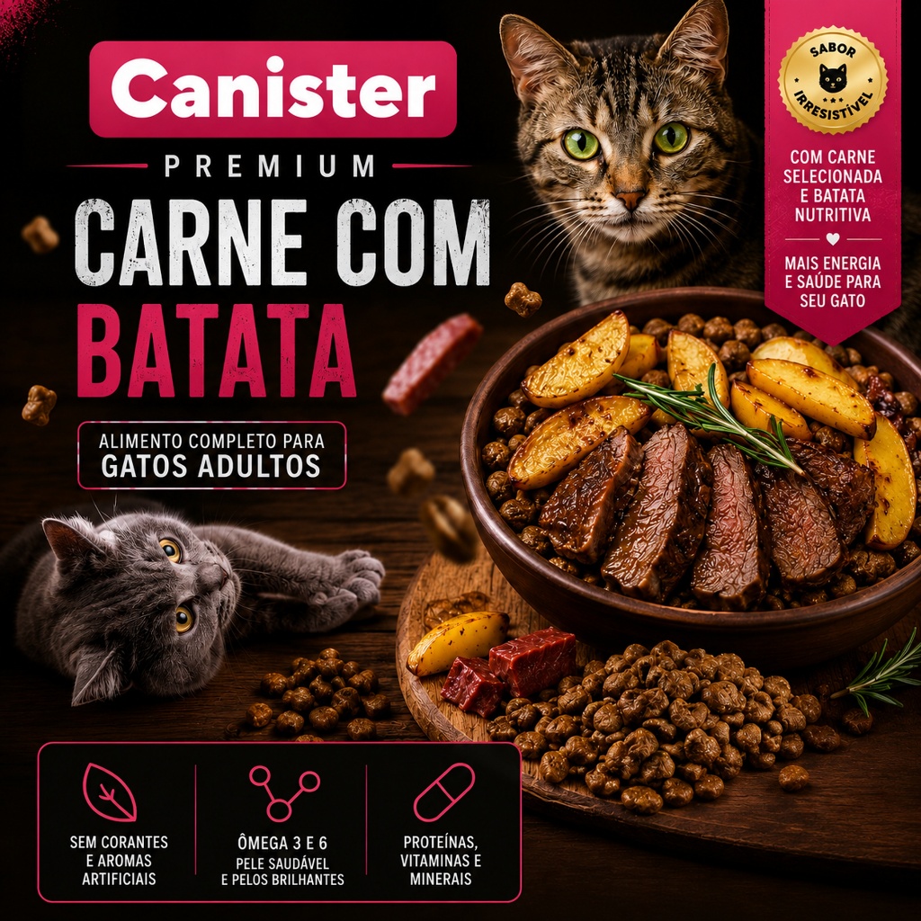 Ração Premium Canister Gatos Adultos Carne com Batata 25kg - Premium - Sem Corantes e Aromatizantes