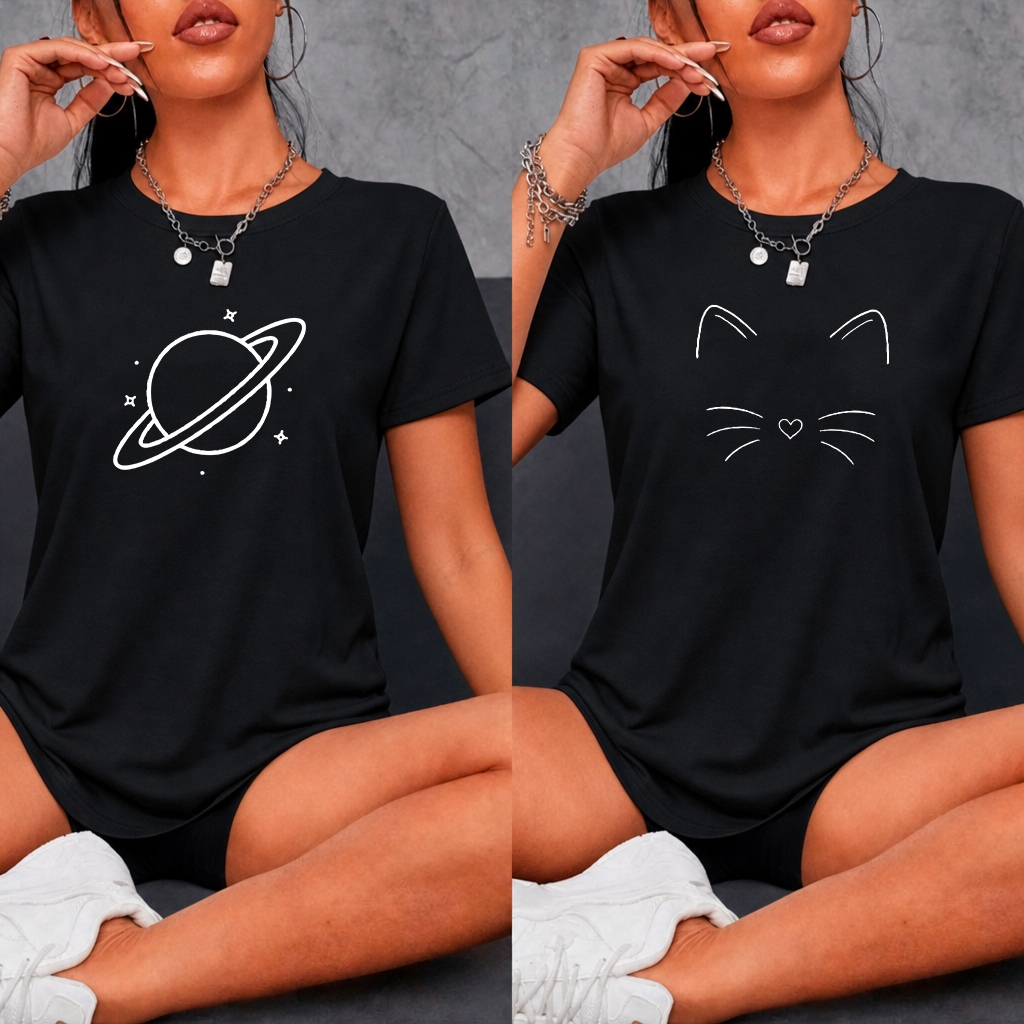 Kit 2 Blusas Femininas Camiseta Baby Look Saturno Gato Moda Fitness Lançamento Academia Caminhada