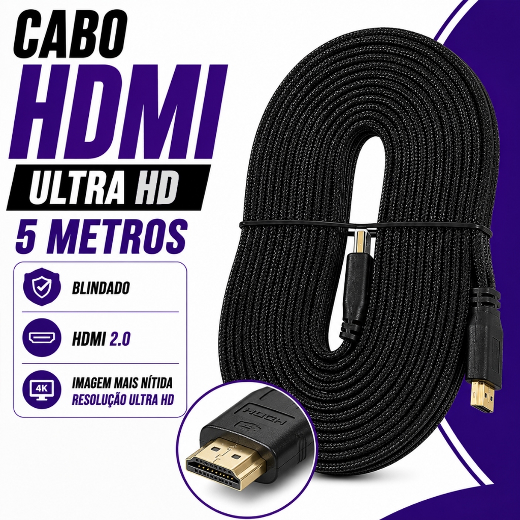 CABO HDMI 5 METROS 1.4 ACHATADO COM MALHA - 3D 4K Ultra Hd Hdtv TV Monitor Noteb