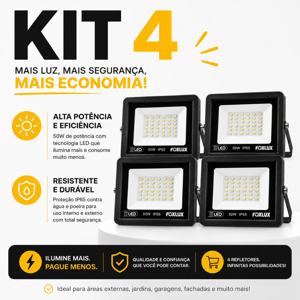 Kit 4 Refletor de LED 50W Holofote LED Branca Fria Refletor Foxlux 6500K LED a Prova D'água Forte