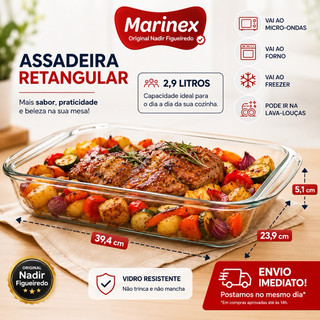 Forma Assadeira Travessa Lasanheira Retangular 2.9L Marinex Pirex Vidro Temperado Resistente