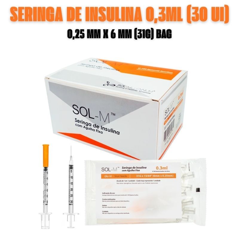 Seringa Insulina 0,3ml (30 ui) 6mm 31G Agulha Fixa - Kit C/ 10, 20, 50 Unidades - Marca SOL-Millennium