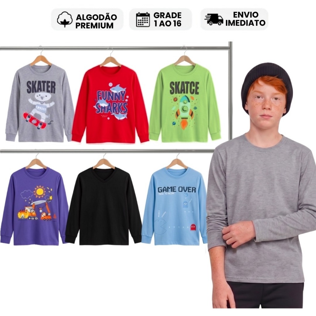 Kit 6 Blusa com Manga Infantil Menino Inverno Masculino Algodão Camiseta de Frio 1 a 16 anos Meia Estação Estampado