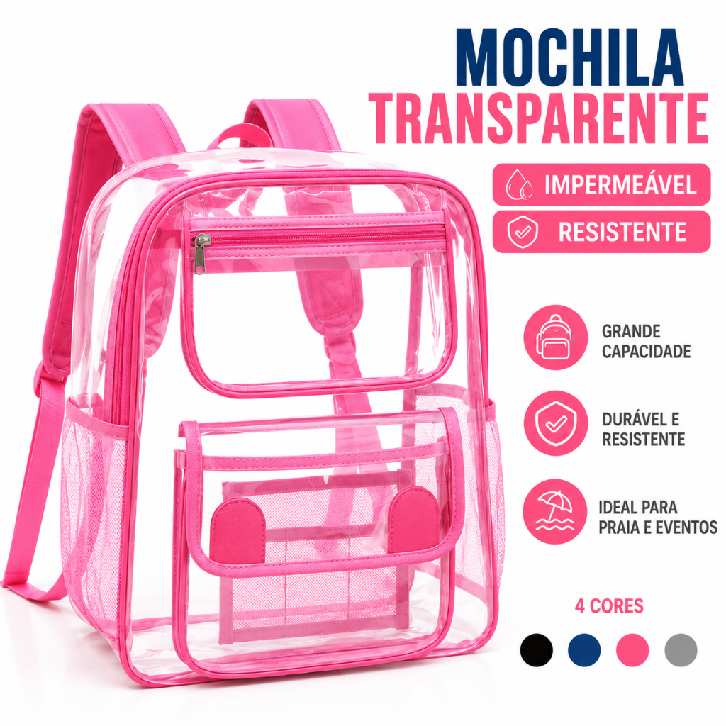 Mochila Transparente Escolar PVC Impermeável Grande Capacidade com Bolsos Mochila Feminina Masculina para Escola Viagem