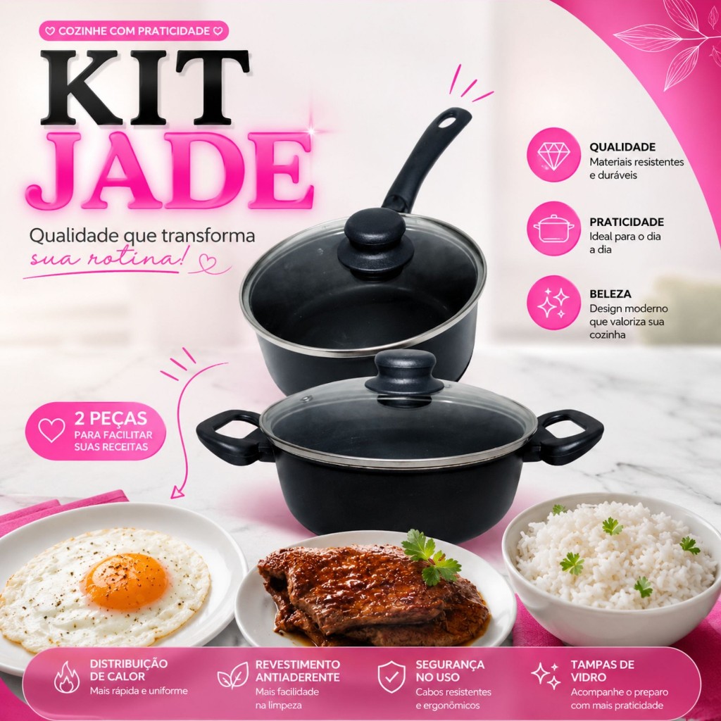 Conjunto Jade 2 Panelas Antiaderente Kit Caçarola TeflonTampa Vidro 16 e 18 Pequenos Defeitos