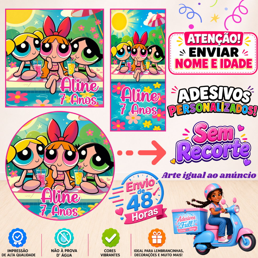 Meninas Poderosas Pool Party - 100/60/40 Adesivos Personalizados Lembrancinhas Festa Aniversário