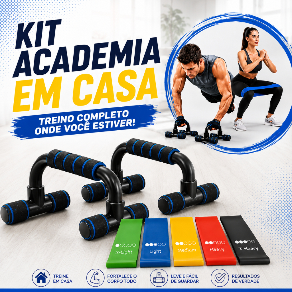 Kit Academia Em Casa Suporte Para Flexão + 5 Mini Band Fitness Musculação Treino Funcional