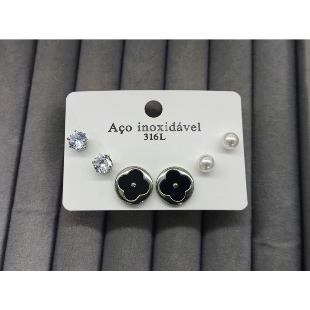 Kit 3 Pares de Brincos de Tarraxa em Aço Inoxidável 316L - Antialérgico Não Enferruja Durável