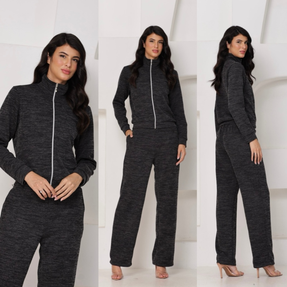 Conjunto Feminino Malha Ribi Casaco de Gola Alta com Zíper e Calça Soltinha com Bolsos Confortável e Elegante